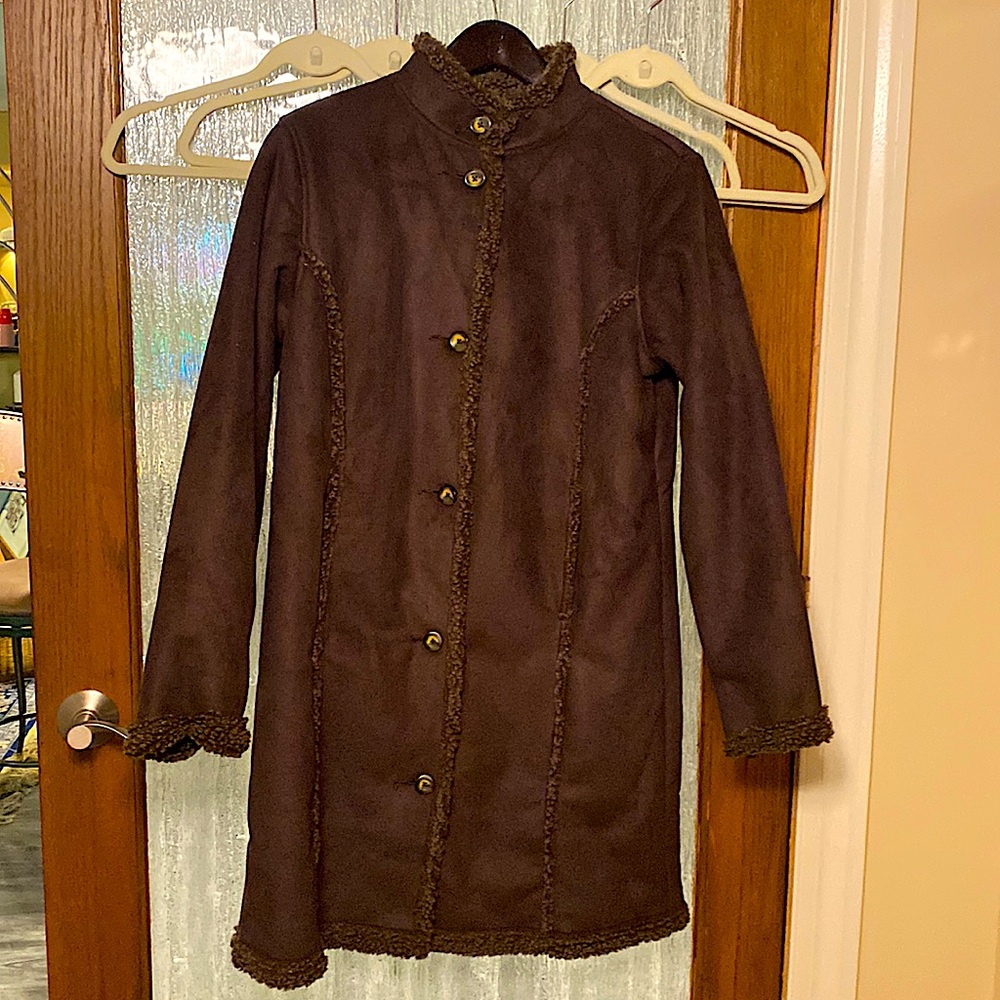 L.L. Bean car coat, size L. Warm chocolate brown faux suede/shearling. Brand new